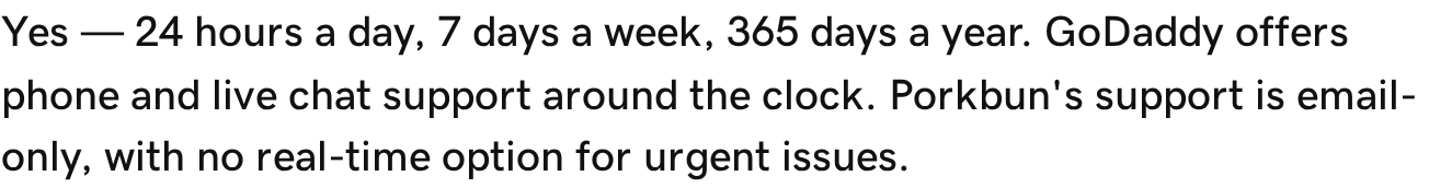 A line from GoDaddy’s article reading “Porkbun’s support is email-only, with no real-time option for urgent issues.”