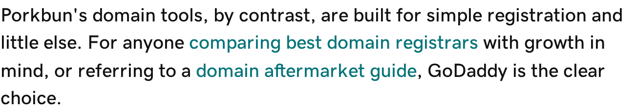 A line from GoDaddy’s article reading that Porkbun’s domain tools “are built for simple registration and little else”.