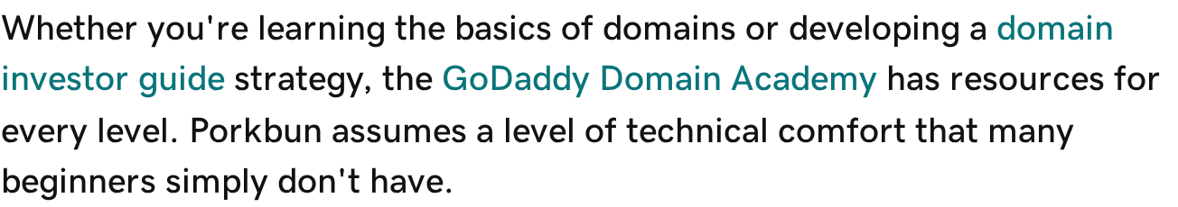 A line from GoDaddy’s article stating that Porkbun assumes a level of technical comfort that many beginners simply do not have.