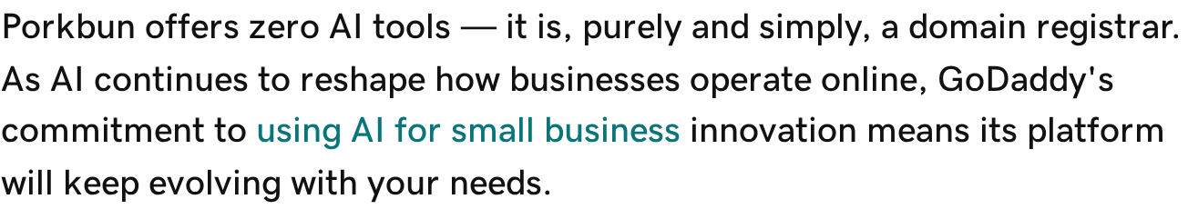 A line from GoDaddy’s article stating that Porkbun offers zero AI tools.